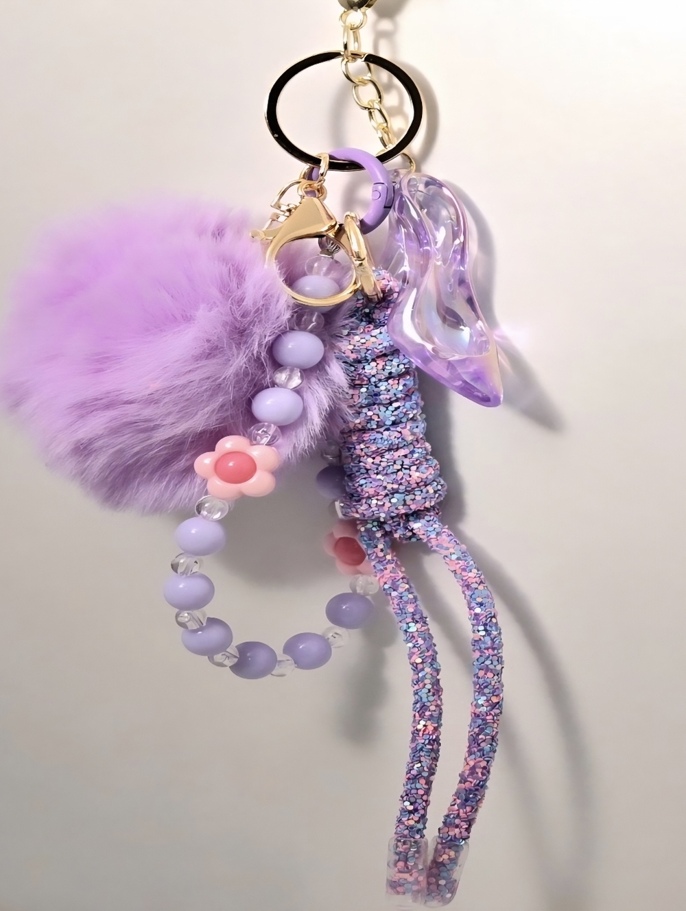 Lavender Pom Pom Keychain with Iridescent Shoe Charm